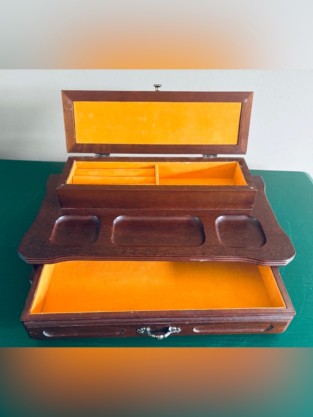 Vintage MCM Wooden Valet Box: Cane Top Dresser Organizer